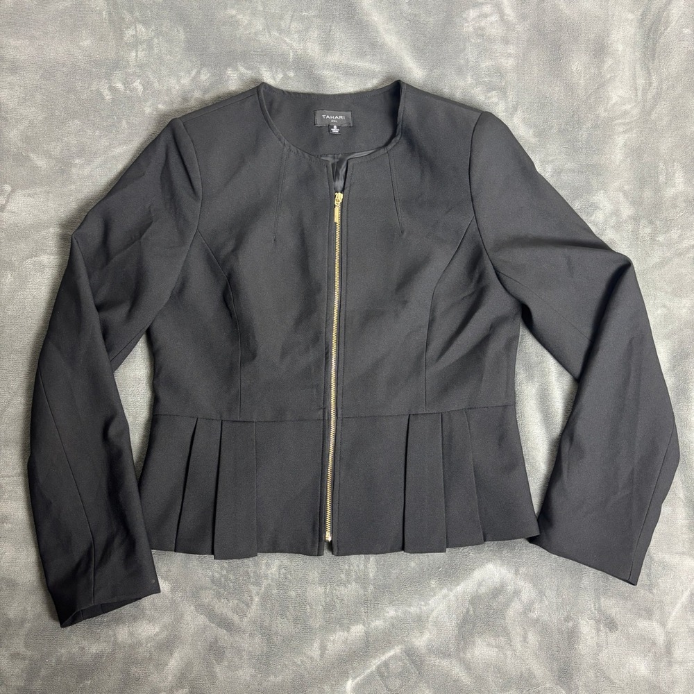 Tahari ASL Women's Size 8 Black Peplum Jacket Gold Zip Collarless Blazer Classic